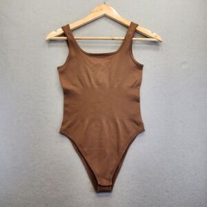 OQQ Brown Ribbed Bodysuit Small Square Neck Sleeveless Tank Top Snap Closure NEW